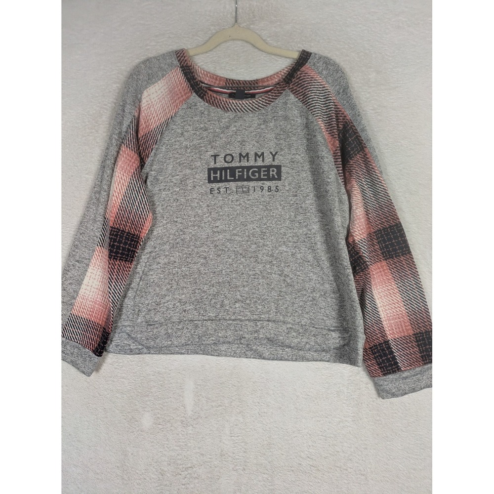Tommy Hilfiger Sweatshirt Women's XL Gray Pink Plaid Raglan Logo